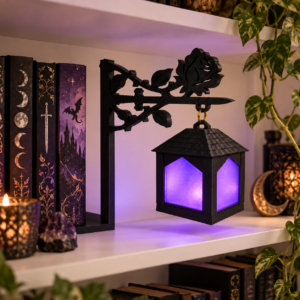 Purple glowing Rose and Dagger lantern hanging from a bracket beside books
