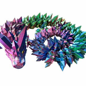 Blue, purple and green articulated crystal dragon with faceted spikes on a white background
