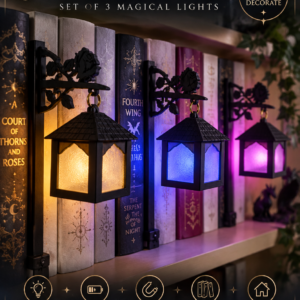 Veilbound Realms poster showing gothic shelf lanterns glowing amber, blue and purple
