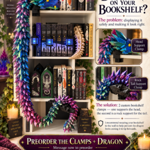 Veilbound Realms poster showing articulated crystal dragons displayed around bookshelves